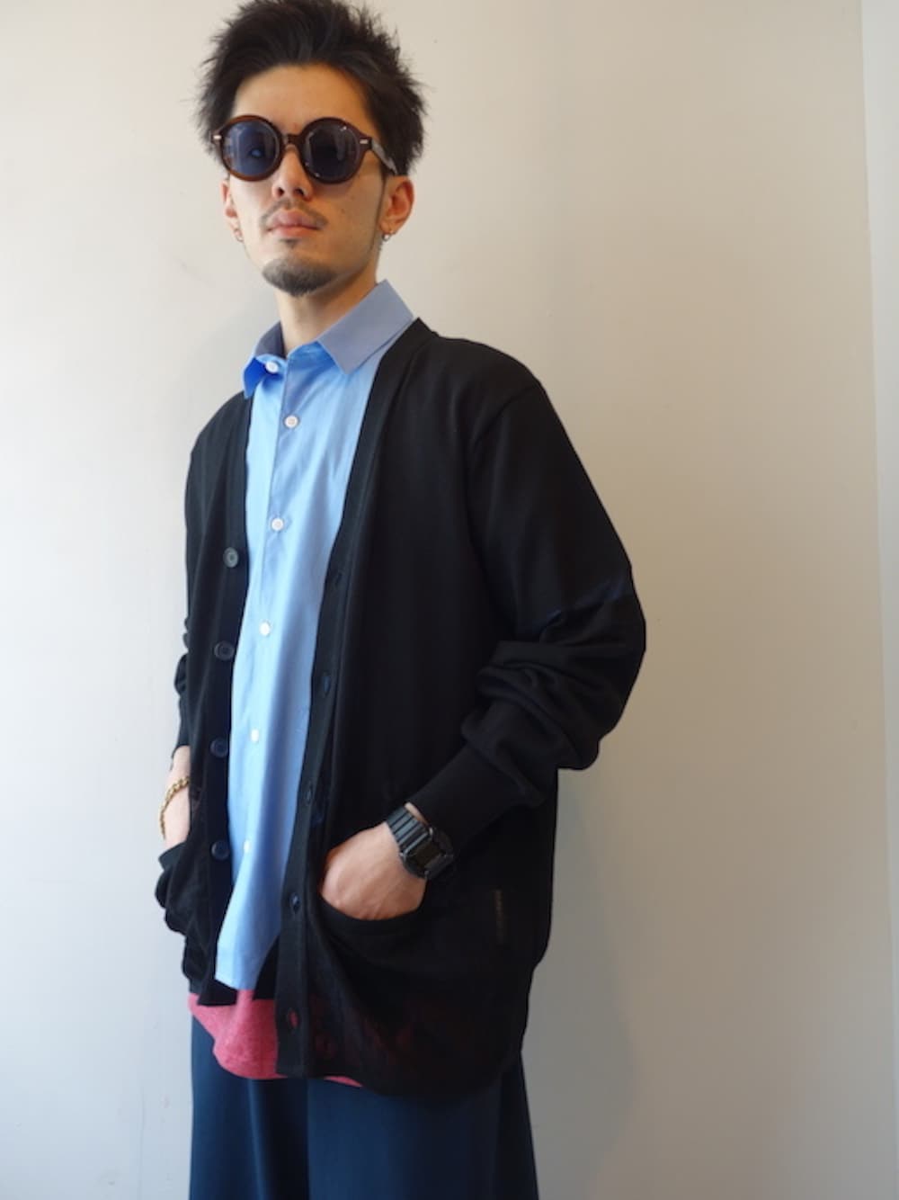 「kolor、ストリート、サングラス、大人カジュアル、福岡、シャツスタイル、digawel」｜「DIGAWELの"S/S SHIRT"（シャツ/ブラウス、ブルー系）」を使った、UNREALREALCLOTHESさん（メンズ・170cm）の春コーディネートの1枚目の写真