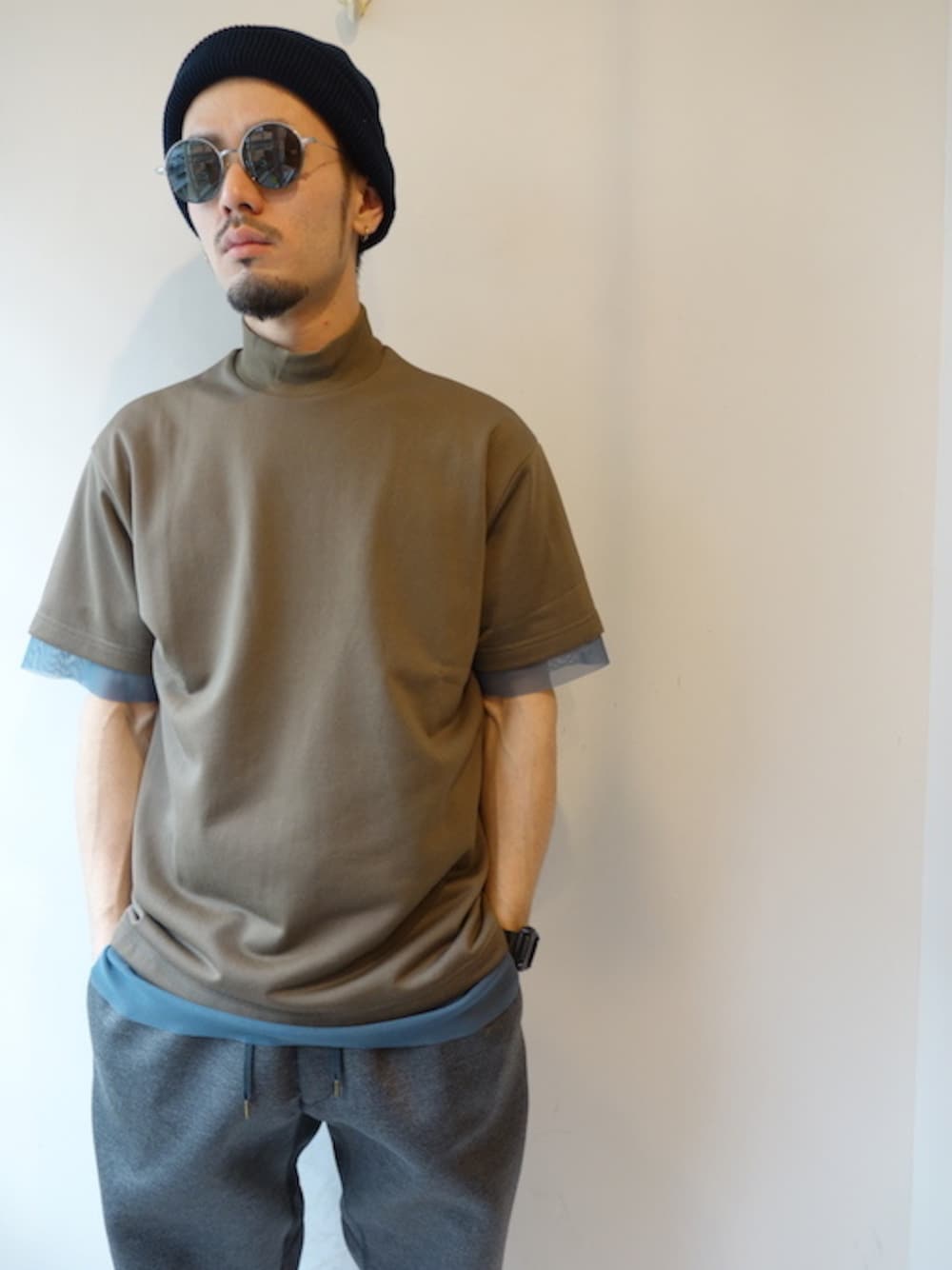 「kolor、ストリート、大人カジュアル、福岡、シンプルコーデ」｜「kolorの"MESH LAYERED T-SHIRT"（Tシャツ/カットソー、グリーン系）」を使った、UNREALREALCLOTHESさん（メンズ・170cm）の春コーディネートの1枚目の写真