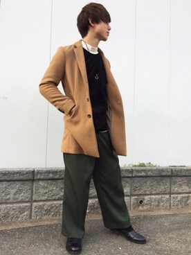 「INHERIT（インヘリット）のアイテム（チェスターコート）」を使った、うっしーさん（メンズ・170cm）の冬コーディネート