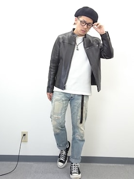 「ワッフル」｜「アイテム（ライダースジャケット）」を使った、YANCHAさん（メンズ・167cm）の春コーディネート