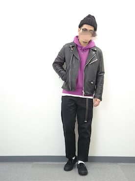 「テーパードパンツ」｜「アイテム（ライダースジャケット）」を使った、YANCHAさん（メンズ・167cm）の冬コーディネート
