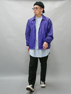 「アイテム（ナイロンジャケット、パープル系）」を使った、YANCHAさん（メンズ・167cm）の秋コーディネート