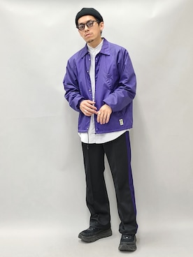 「アイテム（ナイロンジャケット、パープル系）」を使った、YANCHAさん（メンズ・167cm）の春コーディネート
