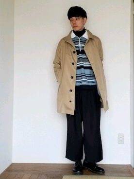 「ラガーシャツ」｜「アイテム（ステンカラーコート）」を使った、りょうたさん（メンズ・175cm）の春コーディネート