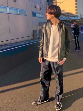 「いいね返し」｜「アイテム（ライダースジャケット）」を使った、ぴーすさん（メンズ・180cm）の冬コーディネート