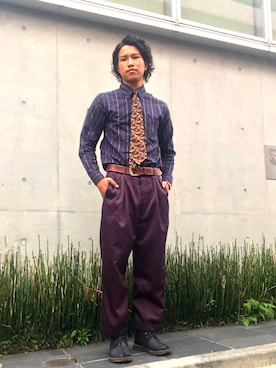 「柄×柄」｜「アイテム（スラックス）」を使った、山本 耕大さん（メンズ・171cm）の夏コーディネート