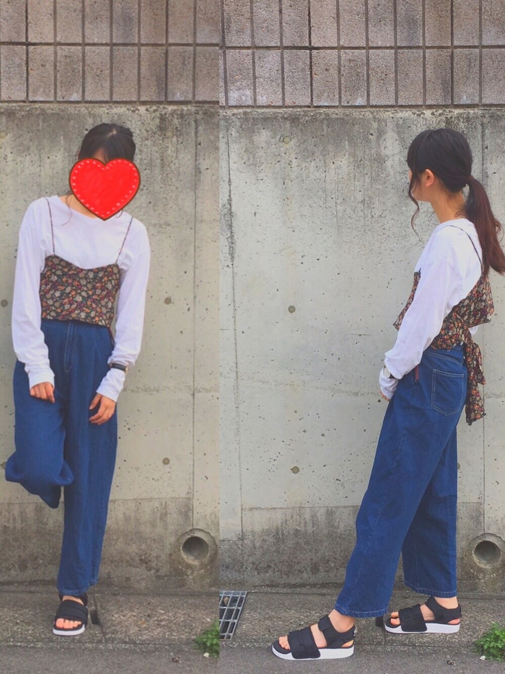 ブルー系のTシャツ/カットソー、ブルー系のデニムパンツ、ブラック系のサンダルを着用したレディースの春コーディネートの1枚目の写真