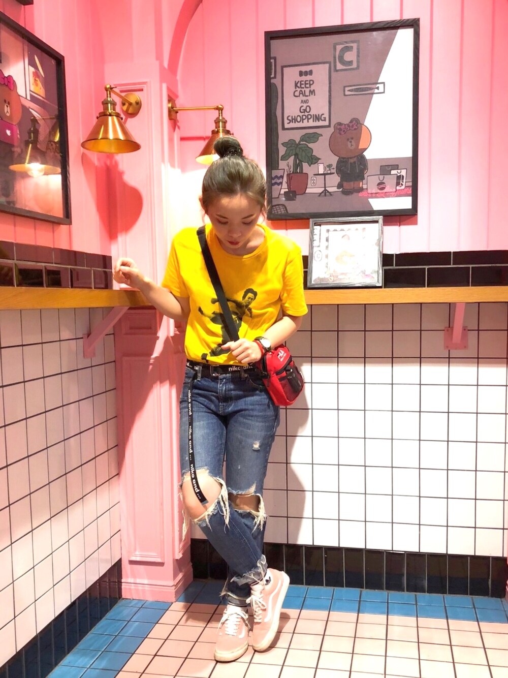 「GUコーデ、niko and ...、VANS、adidas、韓國、TOKYO、WEGO、FILA、小包、Taiwan」｜「GUのアイテム（Tシャツ/カットソー、イエロー系）」を使った、monkey🦄さん（レディース・157cm）の春コーディネートの1枚目の写真
