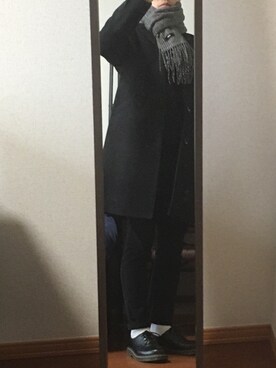 「HARE（ハレ）のカシミヤブレンドチェックマフラー(HARE)（マフラー、グレー系）」を使った、シロクマさん（メンズ・173cm）の冬コーディネート