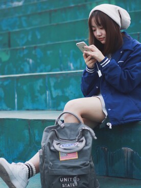 「Champion（チャンピオン）のアイテム（スタジャン）」を使った、朋友的衣橱さん（レディース・157cm）の秋コーディネート