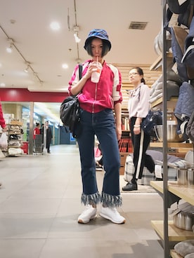 「MUJI」｜「アイテム（ノーカラージャケット）」を使った、雷恩雷恩さん（レディース・158cm）の春コーディネート