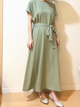 「ROPE' PICNIC（ロペピクニック）の麻調ドルマンTシャツワンピース（ワンピース、グリーン系）」を使った、arafo_jpさん（レディース・154cm）の春コーディネート
