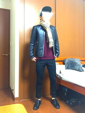 「ライダースコーデ」｜「アイテム（キャップ）」を使った、さといもさん（メンズ・163cm）の冬コーディネート
