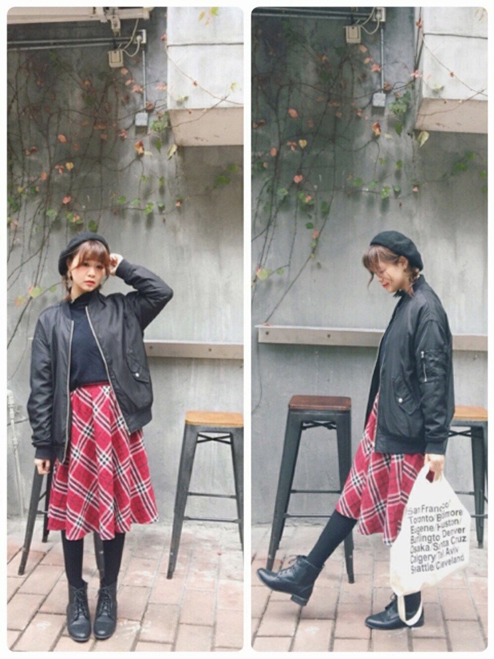 「シンプルコーデ、大人カジュアル、ootd、ゆるコーデ、黒、MA-1、デニム」｜「E hyphen world galleryの・タータンチェックミモレ丈スカート（スカート、レッド系）」を使った、YokiChenさん（レディース・158cm）の冬コーディネートの1枚目の写真