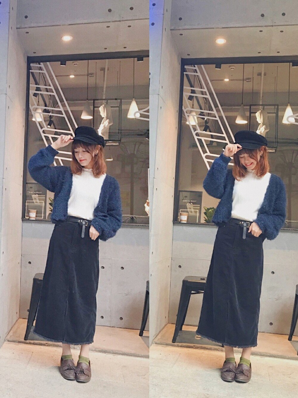 ブルー系のカーディガン/ボレロ、ホワイト系のTシャツ/カットソー、ブラック系のスカートを着用したレディースの秋コーディネートの1枚目の写真