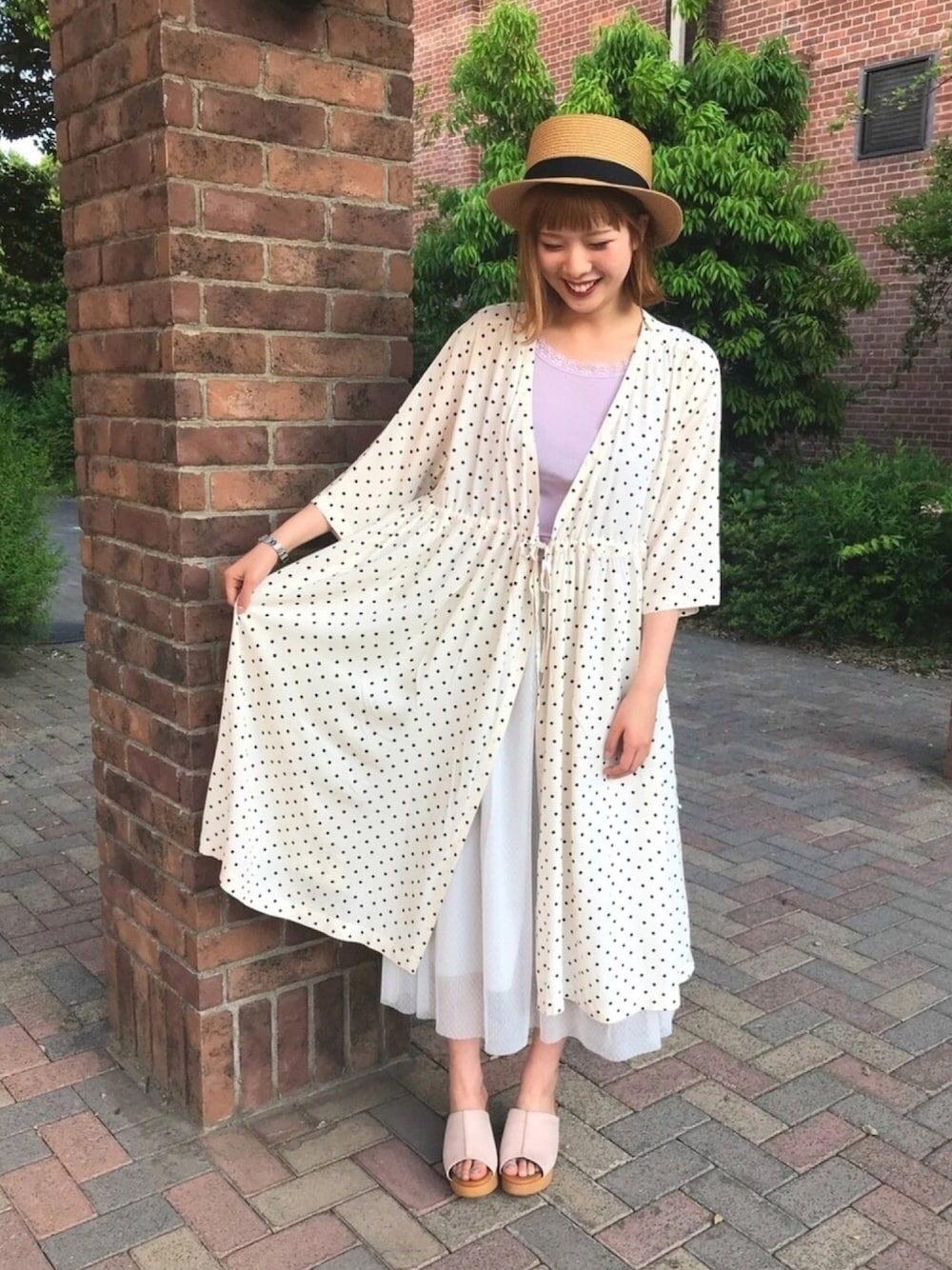 「Samansa Mos2 blue、サマンサモスモスブルー、ガーリー、ドット、ワンピース、スカート、キャミソール、カンカン帽、夏コーデ、summer」｜「Samansa Mos2 blueのドットチュールスカート（スカート、ホワイト系）」を使った、natsukiさん（レディース・164cm）の春コーディネートの1枚目の写真