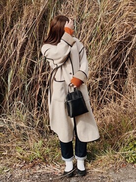 「ローリーズファーム(LOWRYS FARM)」｜「アイテム（ノーカラーコート）」を使った、minaさん（レディース・160cm）の冬コーディネート