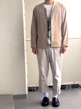 「GU（ジーユー）のアイテム（ノーカラージャケット）」を使った、全身ユニクロおじさんさん（メンズ・177cm）の秋コーディネート