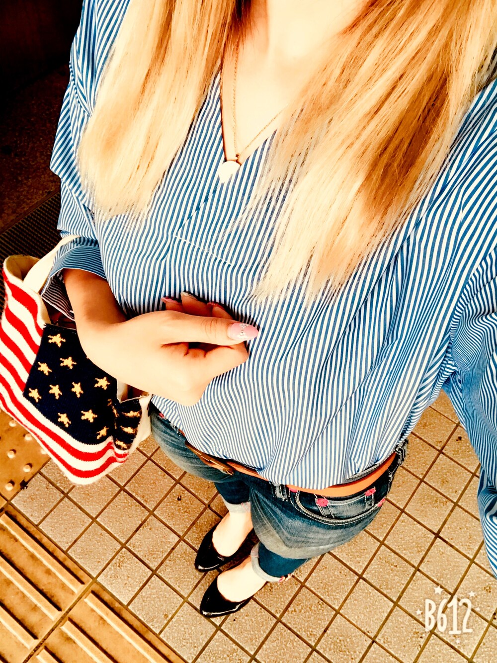「ラクチンコーデ、シンプルスタイル、ストライプシャツ、デニムパンツ、おしゃれさんと繋がりたい、春夏コーデ、オトナカジュアル、ロールアップ、rodeo crowns」｜「GUのアイテム（シャツ/ブラウス、ブルー系）」を使った、ちゃむたそさん（レディース・157cm）の春コーディネートの1枚目の写真