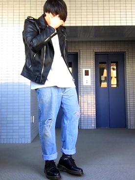 「ドラフトリーバイス」｜「アイテム（ライダースジャケット）」を使った、555さん（メンズ・180cm）の冬コーディネート