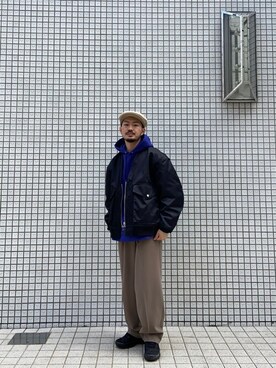 「UNITED TOKYO（ユナイテッドトウキョウ）のトリプルフェイスノーカラーボンバージャケット/ノーカラーブルゾン/2021 SPRING（ブルゾン、ブラック系）」を使った、soutamiyamoto1998さん（メンズ・165cm）の冬コーディネート