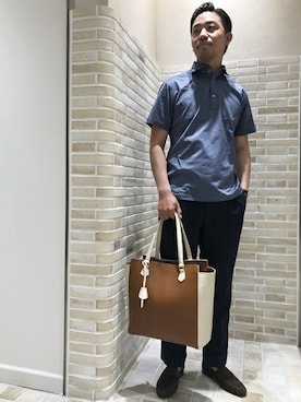 「アイテム（ポロシャツ、ブルー系）」を使った、小川さん（メンズ・177cm）の春コーディネート