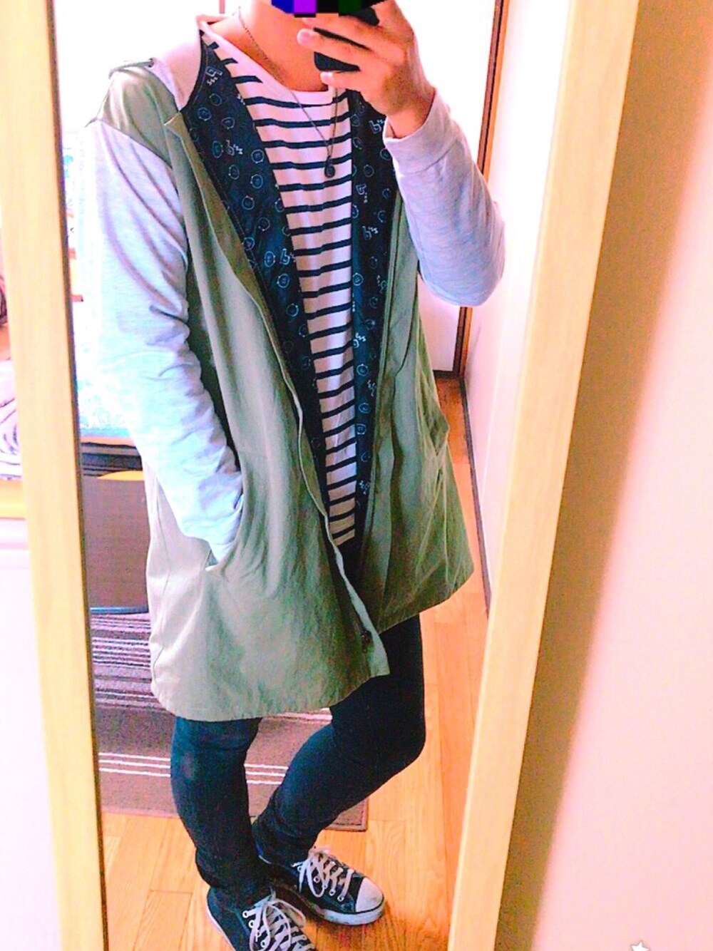 「Pzzz、ピンキー、WEGO、GU、converse」｜「WEGOのアイテム（ネックレス、ブルー系）」を使った、もふもふさん（メンズ・172cm）の秋コーディネートの1枚目の写真