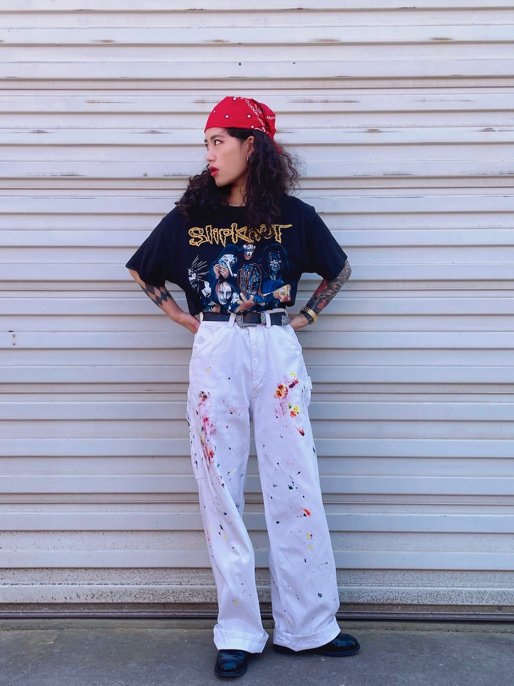 「VINTAGEのアイテム（Tシャツ/カットソー、ブラック系）」を使った、初九さん（レディース・155cm）の夏コーディネートの1枚目の写真