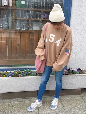 「USA」｜「アイテム（ニットキャップ/ビーニー）」を使った、minamiさん（レディース・158cm）の冬コーディネート