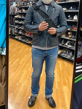 「アイテム（ライダースジャケット、ブルー系）」を使った、daikeisuiさん（メンズ・165cm）の春コーディネート