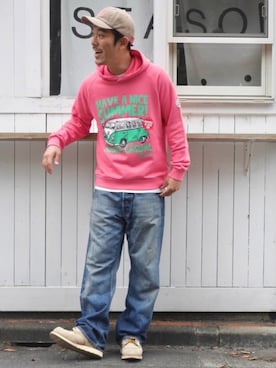 「OldSUmmer（オールドサマー）のアイテム（帽子）」を使った、OldSUmmerさん（メンズ・177cm）の秋コーディネート