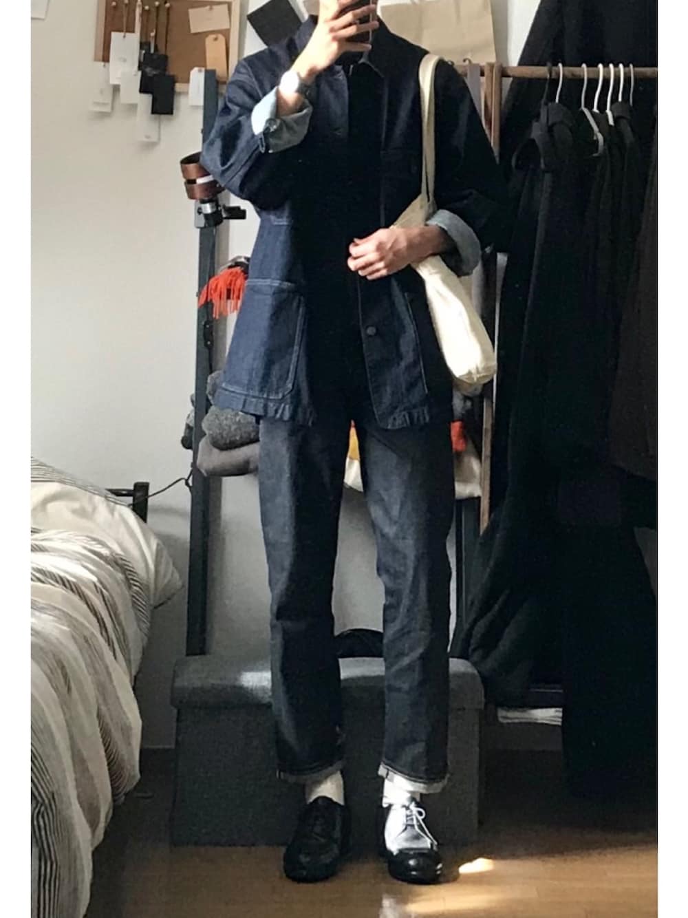 「UNIQLOのアイテム（デニムジャケット、ブルー系）」を使った、ずっきーさん（メンズ・177cm）の冬コーディネートの1枚目の写真