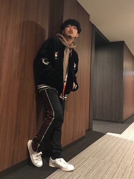 「ジャージ」｜「アイテム（スタジャン）」を使った、はすみさん（メンズ・170cm）の春コーディネート