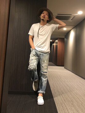 「UNIQLO（ユニクロ）のMEN ドライカラークルーネックT（半袖）（Tシャツ/カットソー）」を使った、はすみさん（メンズ・170cm）の夏コーディネート