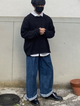 「MONO-MART（モノマート）のオーバーサイズアラン編みクルーネックケーブルニットセーター（ニット/セーター）」を使った、なおちゃん🇰🇷低身長さん（メンズ・162cm）の秋コーディネート