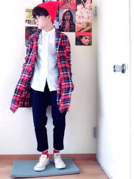 「レッド」｜「アイテム（その他アウター）」を使った、まひ。さん（メンズ・164cm）の秋コーディネート
