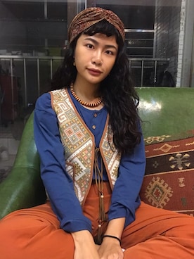 「アイテム（チノパンツ、オレンジ系）」を使った、星あめき🌻阿葵🇹🇼さん（レディース・165cm）の冬コーディネート