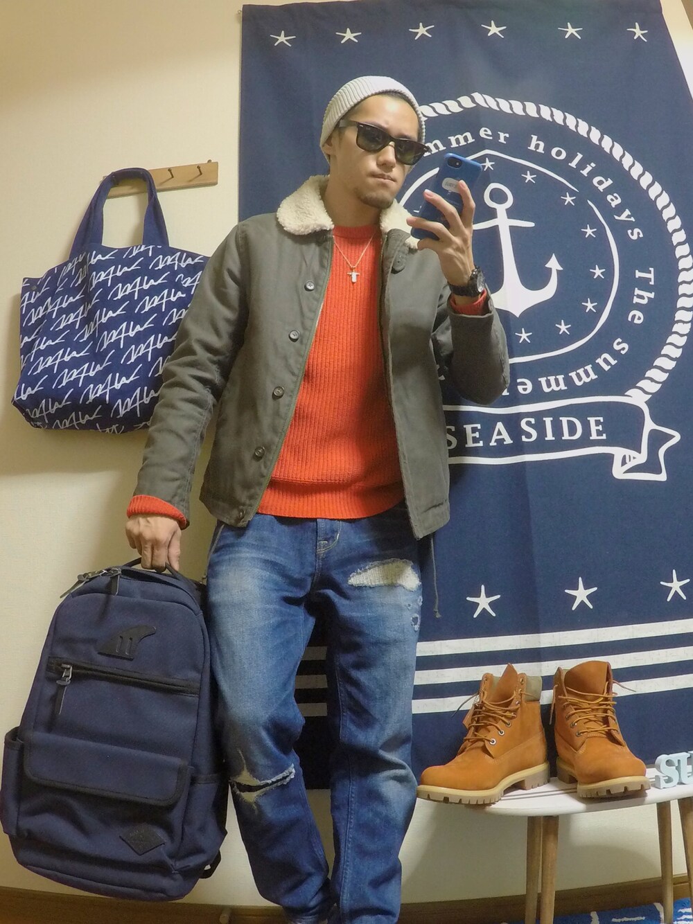 「秋のコーデ、大人カジュアル、ootd、秋冬、ミリタリー、デニム、カーキ、古着、street」｜「Ray-BanのRay-Ban/WAYFARER（サングラス、ブラウン系）」を使った、yuskeさん（メンズ・165cm）の秋コーディネートの1枚目の写真