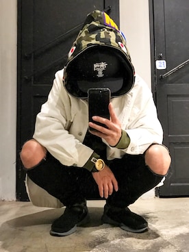 「A BATHING APE（アベイシングエイプ）のアイテム（その他アウター）」を使った、Tsung-Mu Chuangさん（メンズ・174cm）の冬コーディネート
