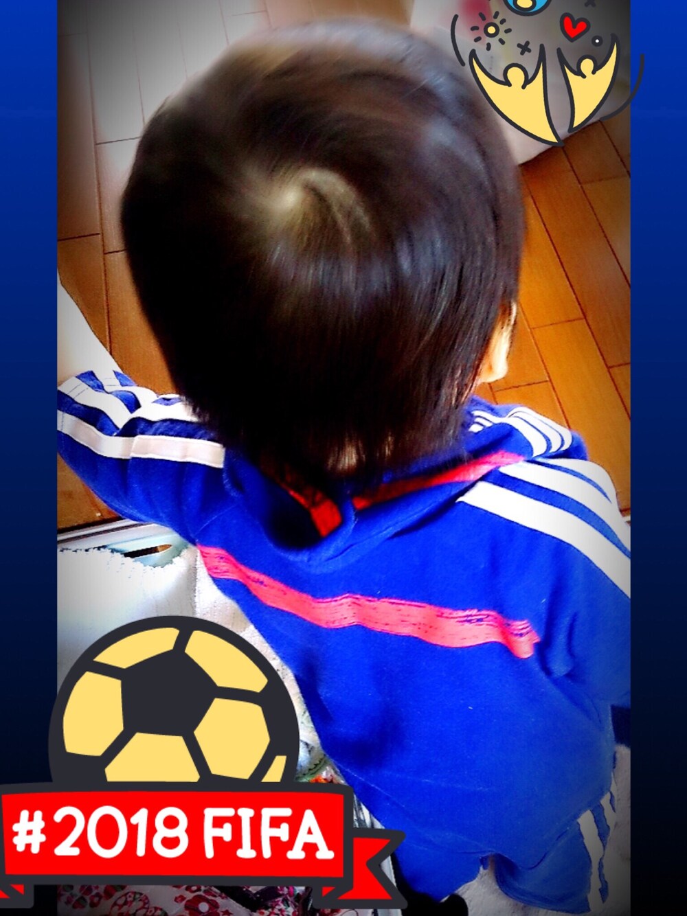 「サッカー日本代表応援コーデ、キッズコーデ、男の子コーデ、kids、夏コーデ、ベビーコーデ」｜「adidasのアイテム（ロンパース、ブルー系）」を使った、oskyさん（キッズ・100cm）の夏コーディネートの1枚目の写真