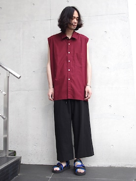 「is-ness（イズネス）のアイテム（サンダル）」を使った、オギさん（メンズ・180cm）の夏コーディネート