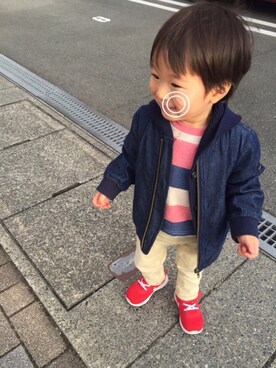 「静岡キッズ」｜「アイテム（デニムジャケット）」を使った、toooomさん（キッズ・80cm）の冬コーディネート