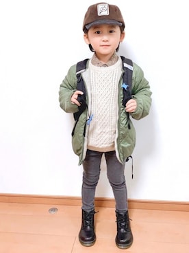 「アイテム（ミリタリージャケット、イエロー系）」を使った、*soleil88*さん（キッズ・110cm）の冬コーディネート