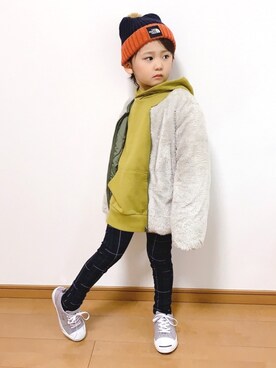 「アイテム（ミリタリージャケット、イエロー系）」を使った、*soleil88*さん（キッズ・110cm）の冬コーディネート