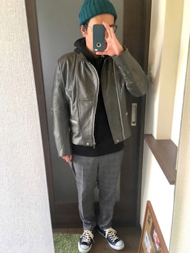 「アイテム（ライダースジャケット）」を使った、masa.ncoさん（メンズ・168cm）の秋コーディネート