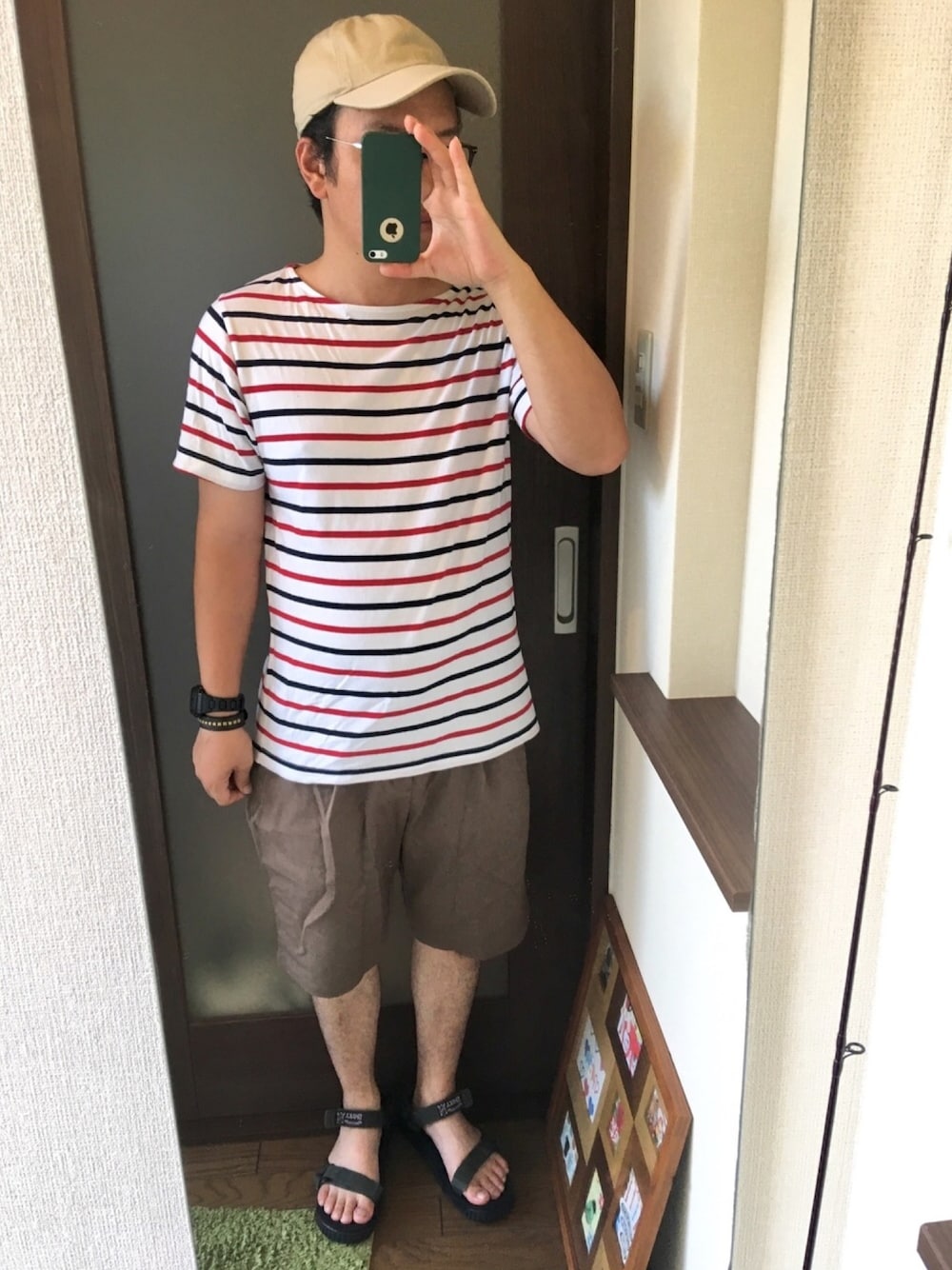 「夏のボーダーフェス、夏、シンプルコーデ、カジュアル、休日スタイル、キャップ、Tシャツ、ボーダー、ハーフパンツ、サンダル」｜「newhattanの【newhattan】 ニューハッタン キャップ（キャップ、ベージュ系）」を使った、masa.ncoさん（メンズ・168cm）の夏コーディネートの1枚目の写真