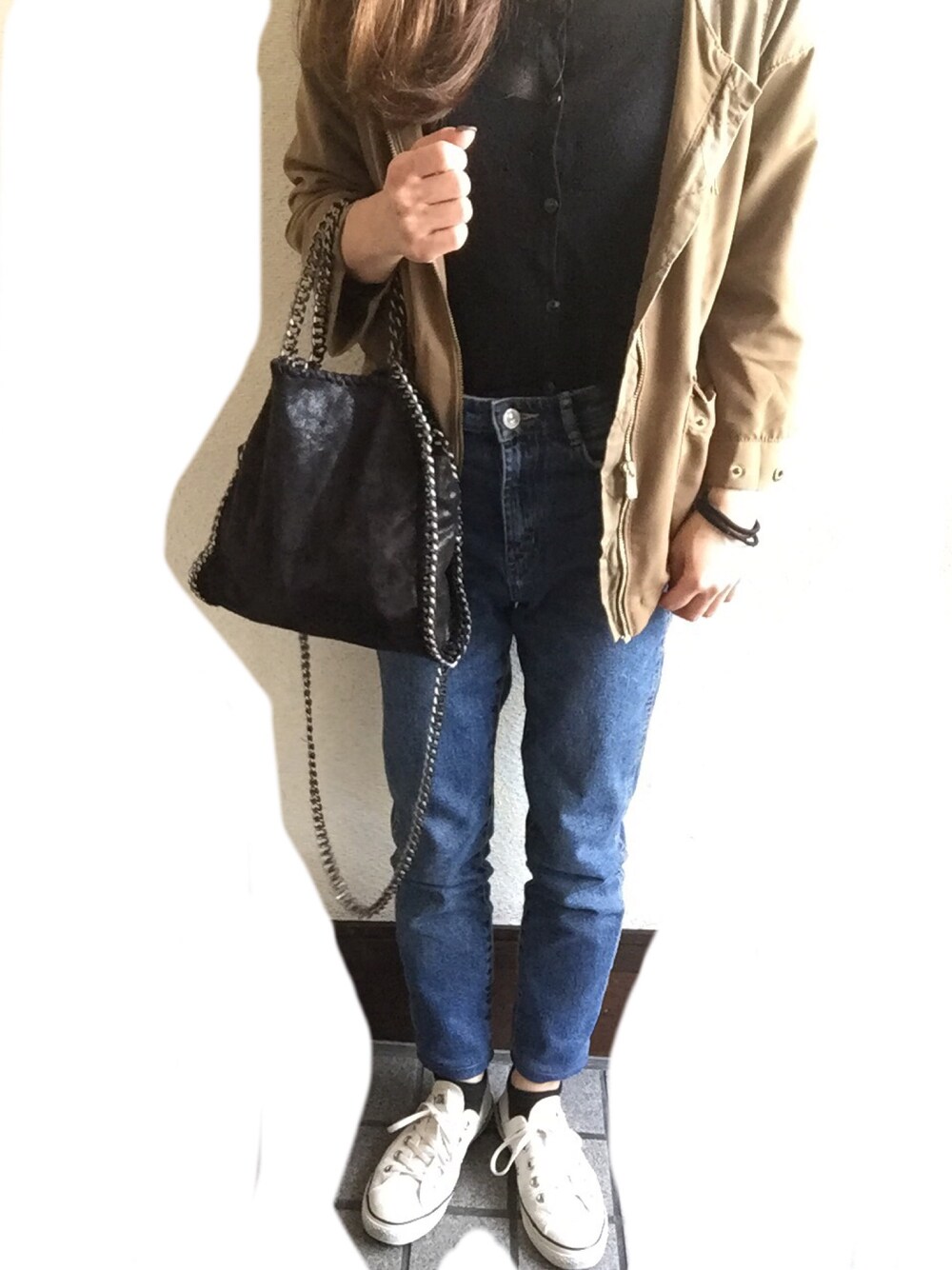 「シースルーカーディガン、ブルゾン」｜「H&Mのアイテム（ノーカラージャケット、ベージュ系）」を使った、sssさん（レディース・155cm）の春コーディネートの1枚目の写真