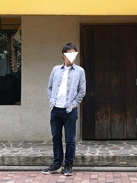 「H&M（エイチ・アンド・エム）のSlim Regular Tapered Jeans（デニムパンツ、ブルー系）」を使った、おくだいさん（メンズ・172cm）の夏コーディネート