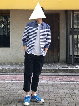 「NANO universe（ナノユニバース）のボーダーOX 7/S（シャツ/ブラウス、ブルー系）」を使った、おくだいさん（メンズ・172cm）の夏コーディネート