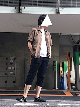 「UNIQLO（ユニクロ）のオープンカラーシャツ（半袖）（シャツ/ブラウス、グリーン系）」を使った、おくだいさん（メンズ・172cm）の夏コーディネート